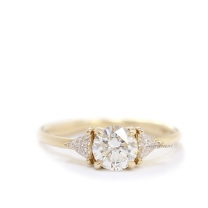 Round Diamond And Trillant Diamond 14K Gold Engagement Ring,3 Diamonds Simple Wedding Ring image 1