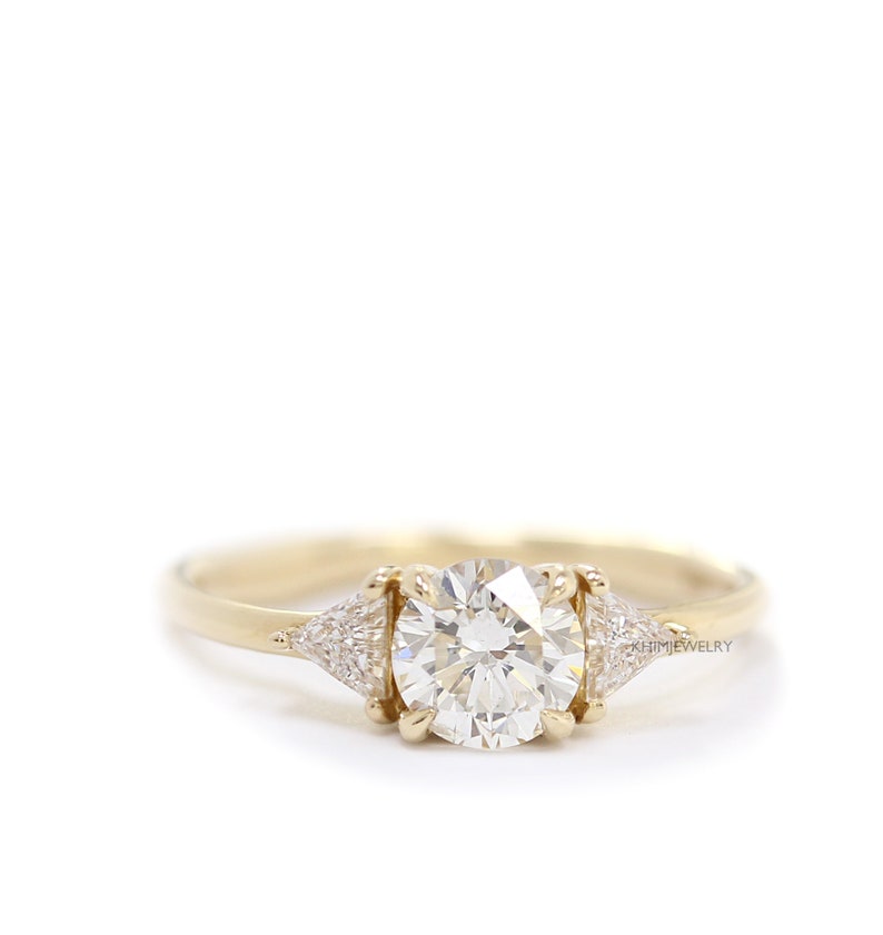 Round Diamond And Trillant Diamond 14K Gold Engagement Ring,3 Diamonds Simple Wedding Ring image 1