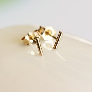Tiny 14k Yellow Solid Gold Round Bar Earrings, 14K Gold Line Studs,slim staple Line Gold Bar Earrings,Round Shape Bar Studs