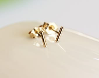 Tiny 14k Yellow Solid Gold Round Bar Earrings, 14K Gold Line Studs,slim staple Line Gold Bar Earrings,Round Shape Bar Studs