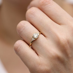 Round Diamond And Trillant Diamond 14K Gold Engagement Ring,3 Diamonds Simple Wedding Ring image 8
