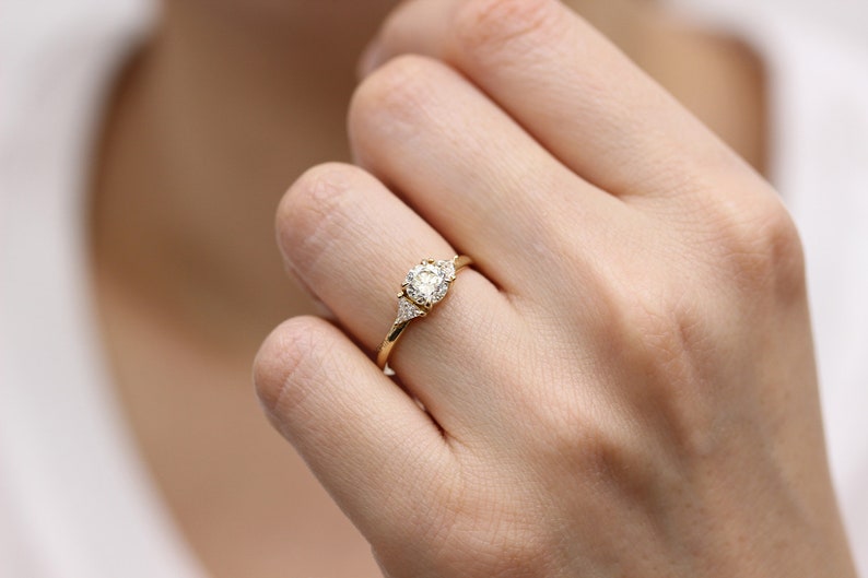 Round Diamond And Trillant Diamond 14K Gold Engagement Ring,3 Diamonds Simple Wedding Ring image 8