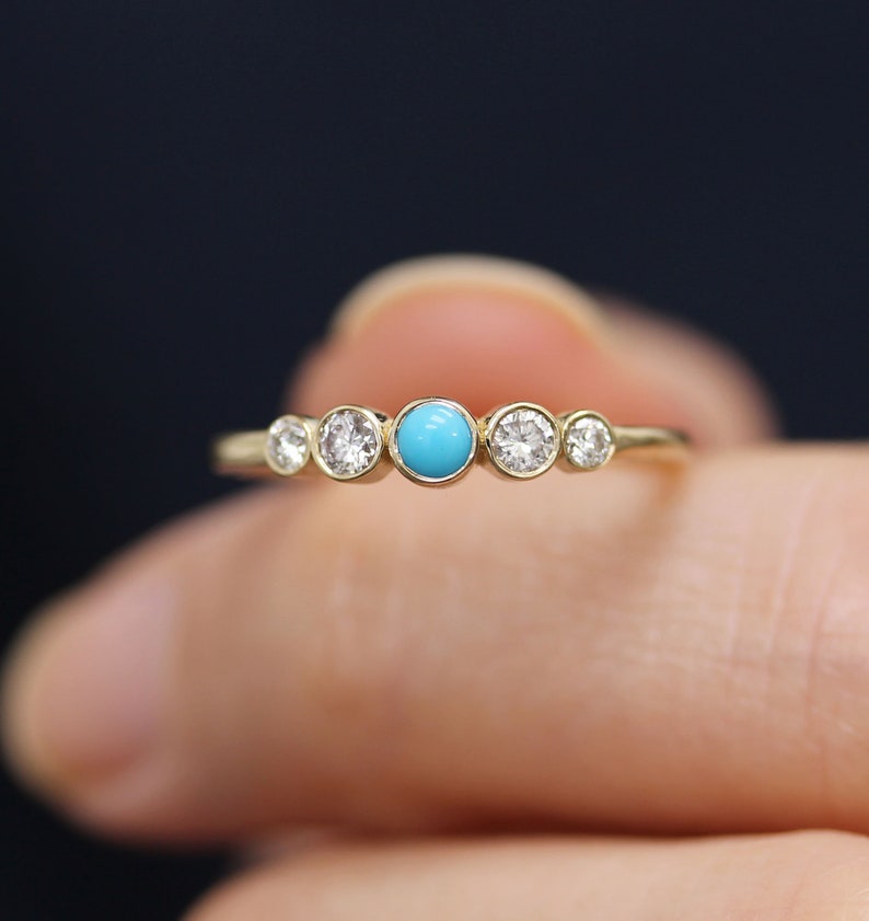 14k Solid Gold Bezel Diamond Engagement Ring With Turquoise,Stackable Simple Ring, Diamond Engagemet Ring, Multistone Wedding Ring image 8