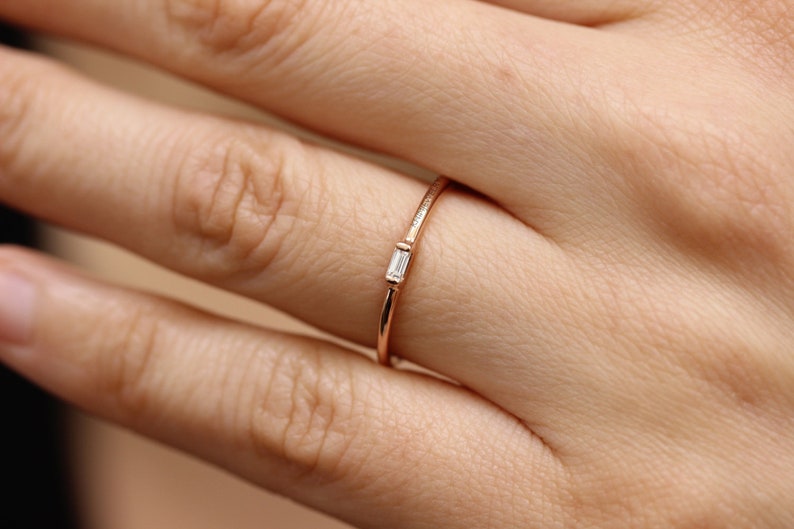 14K Gold Baguette Diamond Ring Engagement Ring,Simple Baguette Band Diamond Engagement Ring,Gold Dainty Stacking Ring