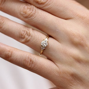 Round Diamond And Trillant Diamond 14K Gold Engagement Ring,3 Diamonds Simple Wedding Ring image 3