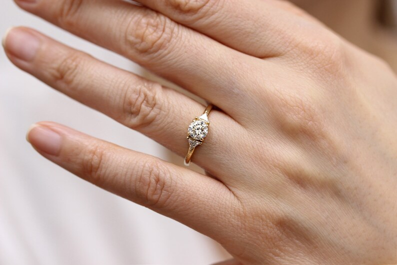 Round Diamond And Trillant Diamond 14K Gold Engagement Ring,3 Diamonds Simple Wedding Ring image 3
