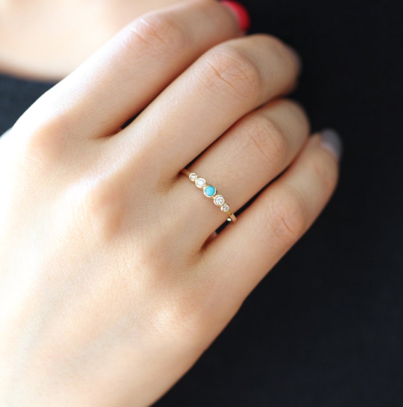 14k Solid Gold Bezel Diamond Engagement Ring With Turquoise,Stackable Simple Ring, Diamond Engagemet Ring, Multistone Wedding Ring image 5