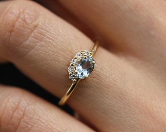 Gold Aquamarine Diamond Ring, Round Diamond Engagement Ring, Diamond Halo Ring, Diamond Crown Cluster Ring,Dainty Wedding Rose Gold Ring