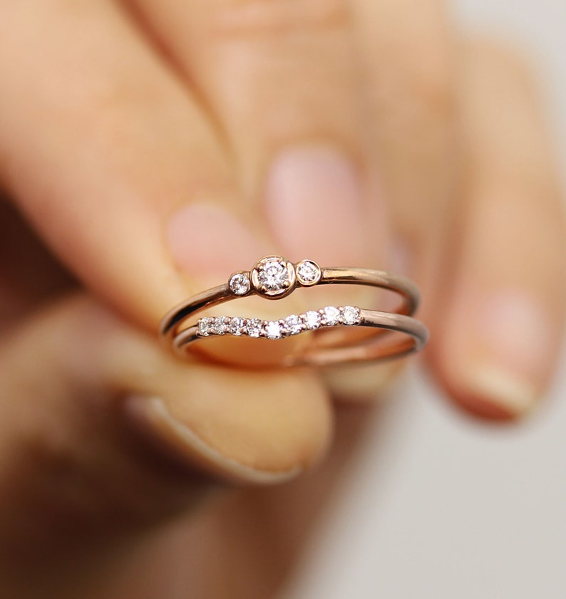 Three Stone Round Diamond Wedding Ring Setbezel Set Etsy