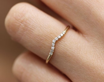 Diamond Matching Wedding Band, 14k Rose Gold Cluster Wedding Ring, Diamond Crown Ring, Curved Wedding Diamond Ring
