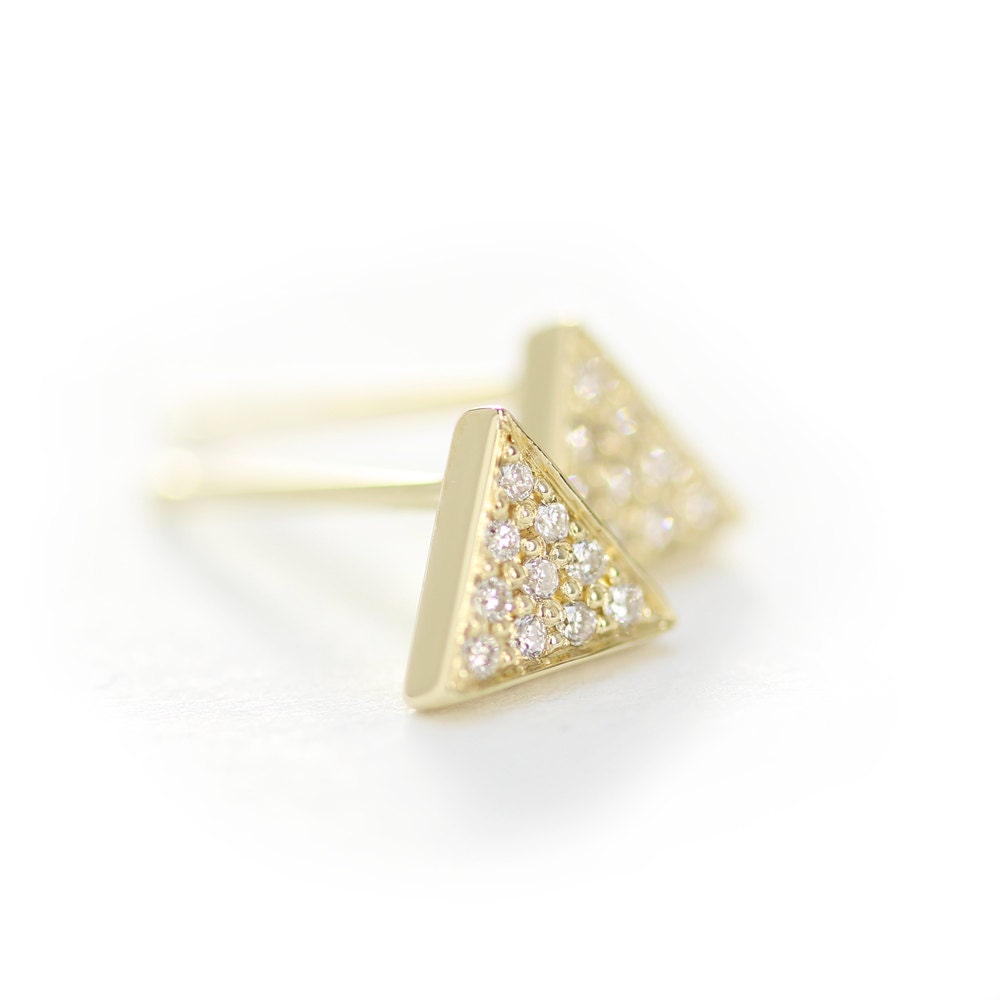 14k Yellow Solid Gold Triangle Diamond Stud EarringsDainty | Etsy