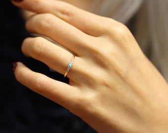 14k Solid Gold Natural Turquoise With Diamond Engagement Ring, Stackable Dainty Ring, Simple Skinny Ring