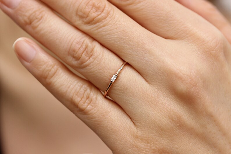 14K Gold Baguette Diamond Ring Engagement Ring,Simple Baguette Band Diamond Engagement Ring,Gold Dainty Stacking Ring
