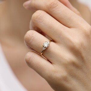 Round Diamond And Trillant Diamond 14K Gold Engagement Ring,3 Diamonds Simple Wedding Ring image 4