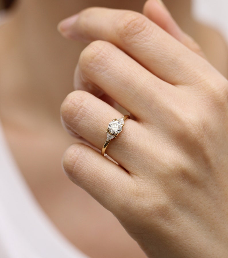 Round Diamond And Trillant Diamond 14K Gold Engagement Ring,3 Diamonds Simple Wedding Ring image 4