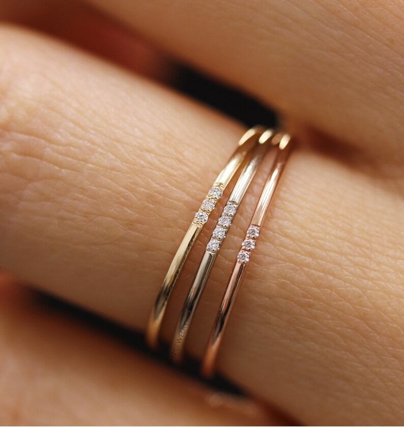 Simple 14k Solid Gold Diamond Ring, Wedding Engagement Ring Diamond Eternity Minimalist Micro Pave Wedding,Rose Gold Ultra Thin Band image 3