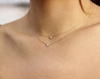 14k Gold Diamond Necklace,Simple Necklace,White Rose Gold Bezel Setting Diamond Classic Tiffany Necklace