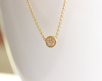 Simple Round Diamond Necklace, Diamonds In Pave Set,14K Yellow Solid Gold Diamond Necklace