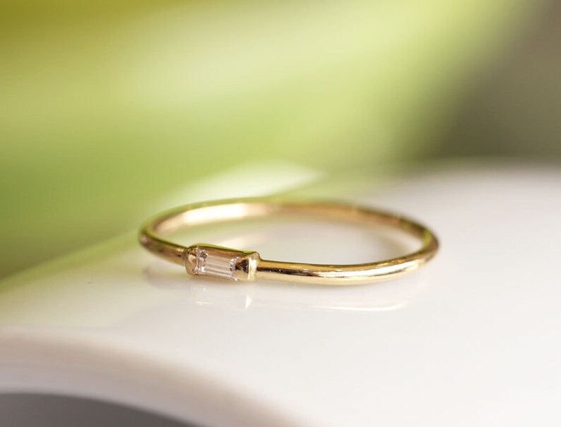 14K Gold Baguette Diamond Ring Engagement Ring,Simple Baguette Band Diamond Engagement Ring,Gold Dainty Stacking Ring
