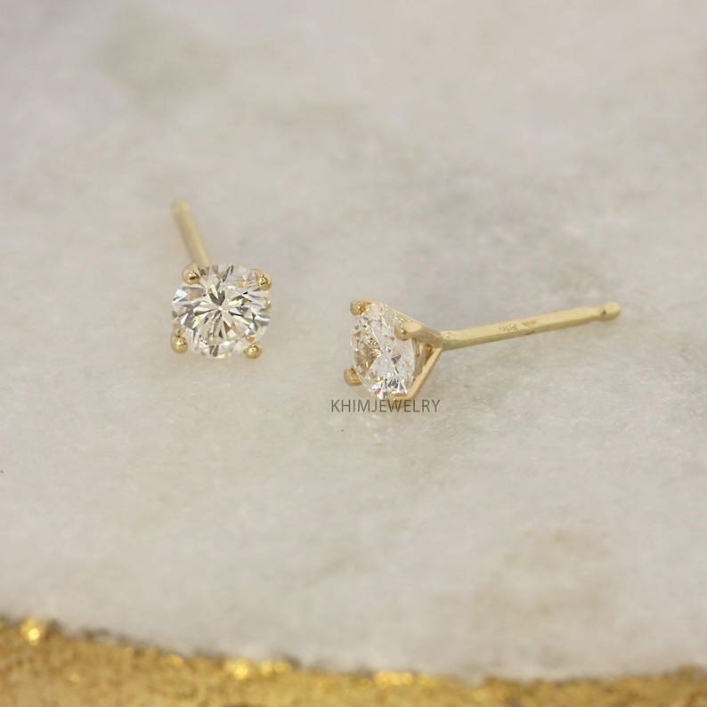 Diamond Studs,4 Prong Martini Setting Stud, 14 Yellow Gold, White Gold Earrings, 1/2 ct, Round Brilliant Cut Diamond Earrings image 5