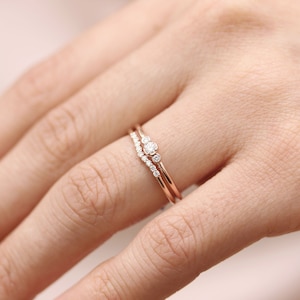 Three Stone Round Diamond Wedding Ring Set,Bezel Set Engagement Wedding Band,
