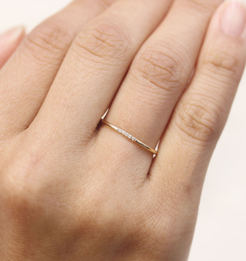 Simple 14k Solid Gold Diamond Ring, Wedding Engagement Ring Diamond Eternity Minimalist Micro Pave Wedding,Rose Gold Ultra Thin Band image 8