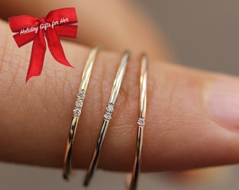 Simple 14k Solid Gold Diamond Ring, Wedding Engagement Ring Diamond Eternity Minimalist Micro Pave Wedding,Rose Gold Ultra Thin Band