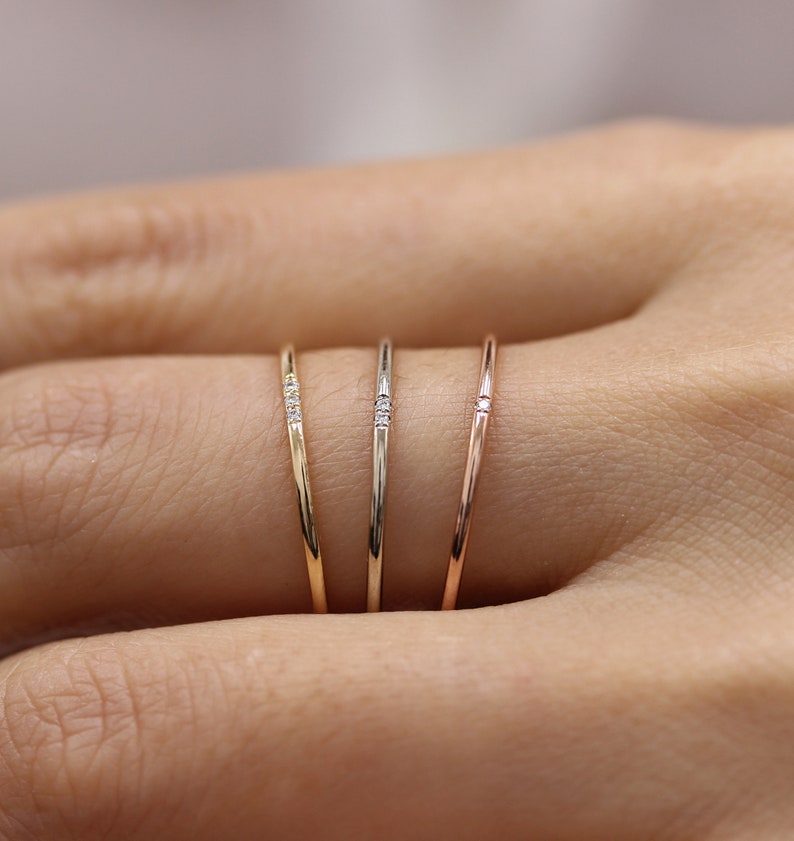 Simple 14k Solid Gold Diamond Ring, Wedding Engagement Ring Diamond Eternity Minimalist Micro Pave Wedding,Rose Gold Ultra Thin Band image 6