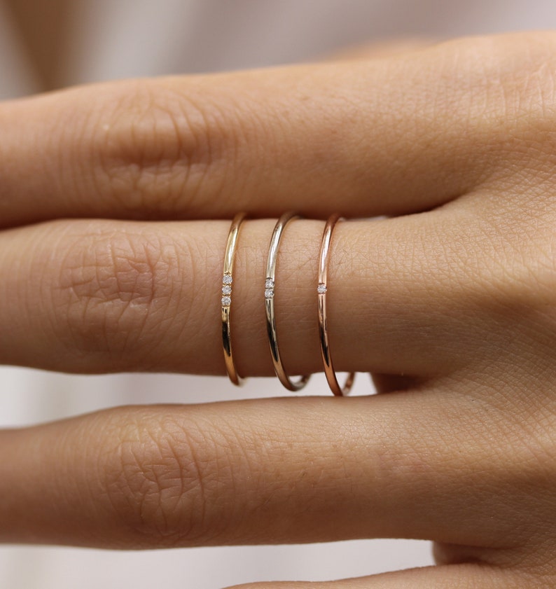 Simple 14k Solid Gold Diamond Ring, Wedding Engagement Ring Diamond Eternity Minimalist Micro Pave Wedding,Rose Gold Ultra Thin Band image 4