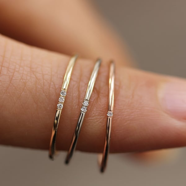 Simple 14k Solid Gold Diamond Ring, Wedding Engagement Ring Diamond Eternity Minimalist Micro Pave Wedding,Rose Gold Ultra Thin Band