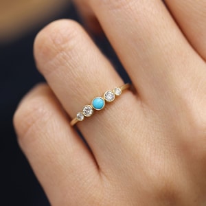 14k Solid Gold Bezel Diamond Engagement Ring With Turquoise,Stackable Simple Ring, Diamond Engagemet Ring, Multistone Wedding Ring image 1