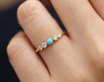 14k Solid Gold Bezel Diamond Engagement Ring With Turquoise,Stackable Simple Ring, Diamond Engagemet Ring, Multistone Wedding Ring