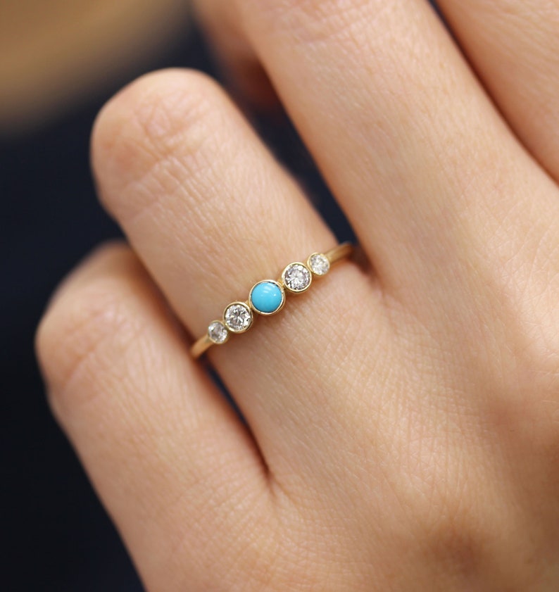 14k Solid Gold Bezel Diamond Engagement Ring With Turquoise,Stackable Simple Ring, Diamond Engagemet Ring, Multistone Wedding Ring image 1