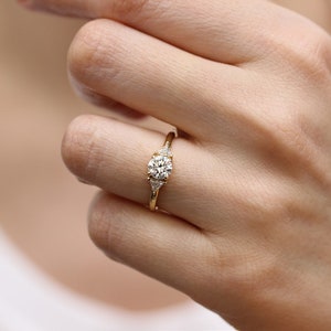 Round Diamond And Trillant Diamond 14K Gold Engagement Ring,3 Diamonds Simple Wedding Ring image 5