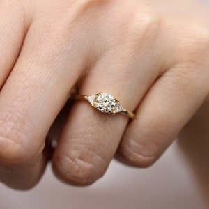 Round Diamond And Trillant Diamond 14K Gold Engagement Ring,3 Diamonds Simple Wedding Ring image 7