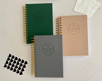 Pack This Journal travel notebook, holiday journal with packing lists, travel diary, glue dots & pocket for items. Priority shipping!