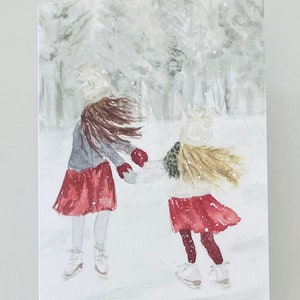 Aquarel kerstkaart. Originele kunst. Schaatskaart. Winterkaart. Vakantiekaart.