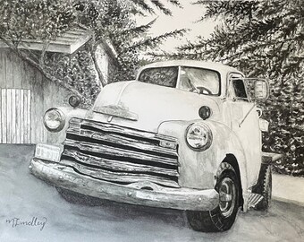 Vintage Chevy Truck aquarel kunstafdruk: zwart-witte giclee