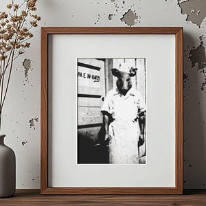 May include: Framed black and white print featuring a person wearing a pig mask and a white uniform. The print is in a brown wooden frame and has the words "MEN ONLY" on the wall behind the person. A white vase with dried flowers is on the left.