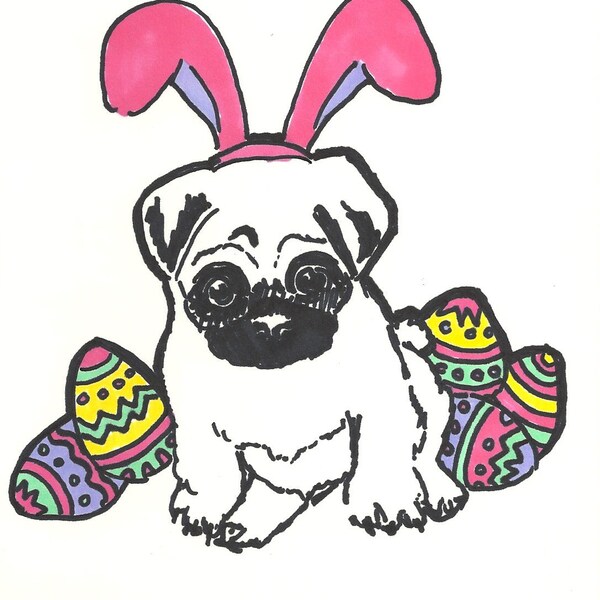 Happy Easter Pug Egg Greeting Card Bunny Costume Whimsical Recycled Stationery Made in America Fantasy spring dog pastel funny cute