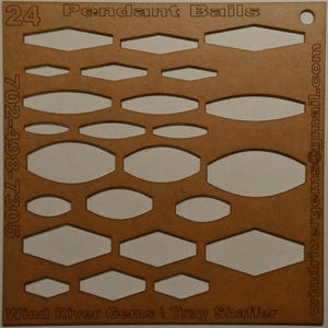 May include: A brown acrylic pendant bail template with 24 cut-out shapes in various sizes. The text "24 Pendant Bails" is at the top, with contact information and the maker's name at the bottom.