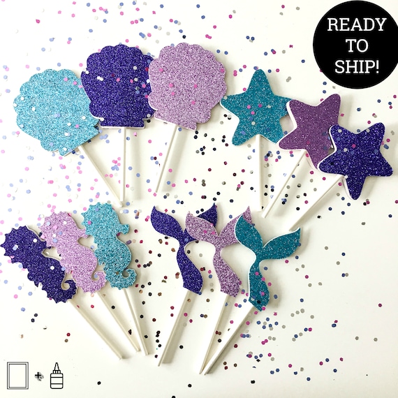 Ready To Ship! Glittered Mermaid Themed Cupcake Toppers - Under The Sea Cupcake Toppers - 12/pack Il_570xn