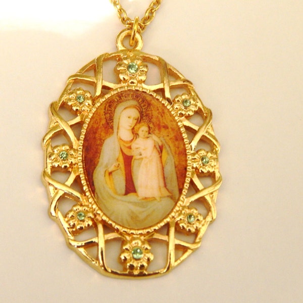 Virgin Mary and Christ Child Pendant Necklace/Christian Jewelry/Madonna and Child Gold Framed Chain Necklace