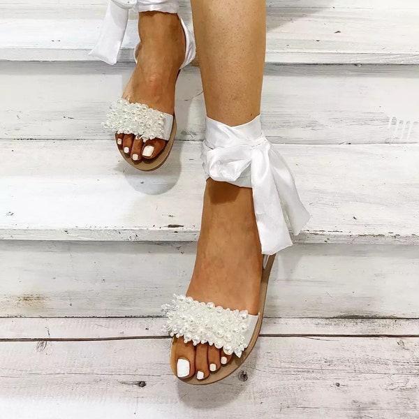 Beach Wedding Sandals, Crystal and Pearl Wedding Shoes, Flat Bridal Shoes - Size UK9/US10/EU42