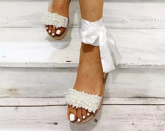 Beach Wedding Sandals, Crystal and Pearl Wedding Shoes, Flat Bridal Shoes