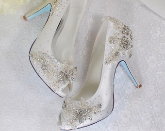 Beautiful Sparkling Bridal Heels, White Wedding Shoes with Blue Soles