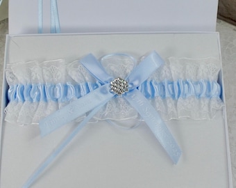 Personalisierte Französische Blaue Spitze Strumpfband: Swarovski Kristall Brautgeschenk