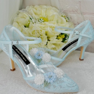 Pastel Blue Bridal Sandals: Embroidered 3D Flower Ankle Strap Shoes