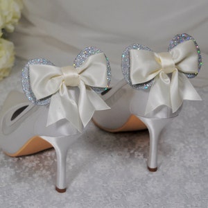 Bridal Shoe Clips - Personalised Disney Ear Inspired Accessories for Heels - Finest Berisford Satin with Glitter Mickey Ears