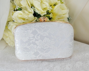 Simply Beautiful Floral Lace Bag, Ivory Lace Purse, Gold with Crystal Rose Detail, Wedding Clutch Bag